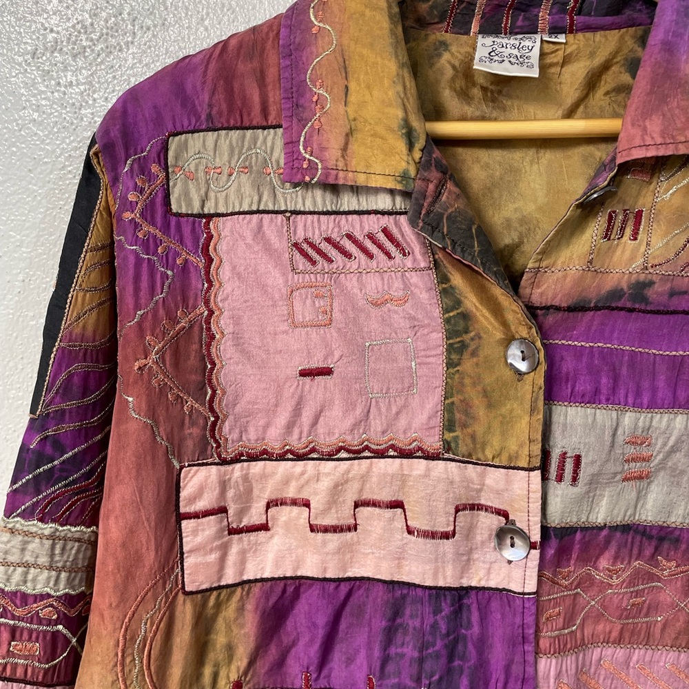 Parsley Sage Silk Patchwork Button Jacket Boho Ar… - image 10